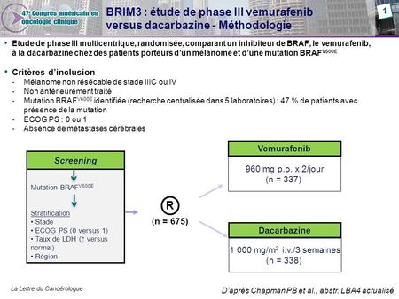 BRIM3 : étude de phase III vemurafenib versus dacarbazine - Méthodologie 1 Etude de phase III multicentrique, randomisée, comparant un inhibiteur de BRAF,