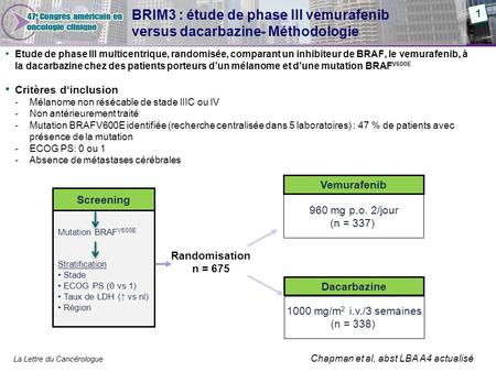 BRIM3 : étude de phase III vemurafenib versus dacarbazine- Méthodologie 1 Etude de phase III multicentrique, randomisée, comparant un inhibiteur de BRAF,