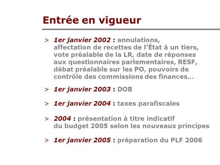 Entrée en vigueur >1er janvier 2002 : annulations, affectation de recettes de lÉtat à un tiers, vote préalable de la LR, date de réponses aux questionnaires.