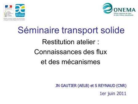 Séminaire transport solide Restitution atelier : Connaissances des flux et des mécanismes JN GAUTIER (AELB) et S REYNAUD (CNR) 1er juin 2011.