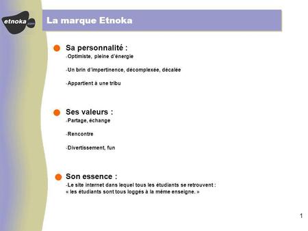 0 La marque Etnoka et ses messages clé Janvier 2001.