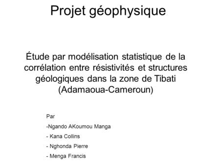 Projet géophysique Étude par modélisation statistique de la corrélation entre résistivités et structures géologiques dans la zone de Tibati (Adamaoua-Cameroun)