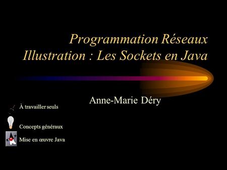 Programmation Réseaux Illustration : Les Sockets en Java Anne-Marie Déry À travailler seuls Concepts généraux Mise en œuvre Java.