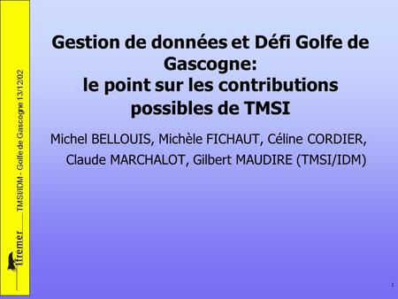 Gestion de données et Défi Golfe de Gascogne: le point sur les contributions possibles de TMSI Michel BELLOUIS, Michèle FICHAUT, Céline CORDIER, Claude.