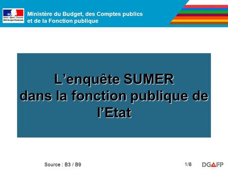Ministère du Budget, des Comptes publics et de la Fonction publique Source : B3 / B9 1/8 Lenquête SUMER dans la fonction publique de lEtat.