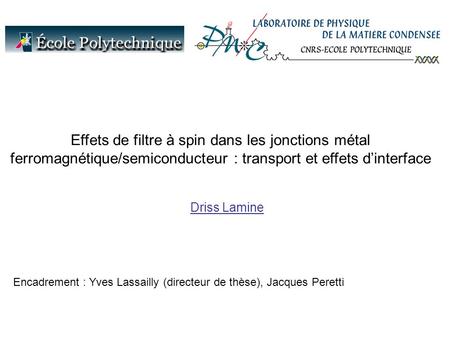 Effets de filtre à spin dans les jonctions métal ferromagnétique/semiconducteur : transport et effets dinterface Encadrement : Yves Lassailly (directeur.