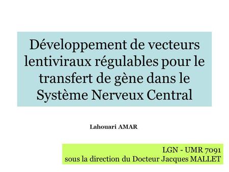Développement de vecteurs lentiviraux régulables pour le transfert de gène dans le Système Nerveux Central Lahouari AMAR LGN - UMR 7091 sous la direction.