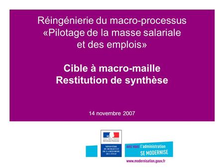 Réingénierie du macro-processus «Pilotage de la masse salariale et des emplois» Cible à macro-maille Restitution de synthèse 14 novembre 2007.