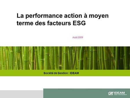 Page 103/2009 Société de Gestion : IDEAM La performance action à moyen terme des facteurs ESG Août 2009.