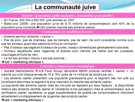 La communauté juive Intérêt (potentiel, taille maturité, rentabilité potentielle) En France :500 000 à 600 000 juifs estimés en 2007 Etats-Unis (2009):