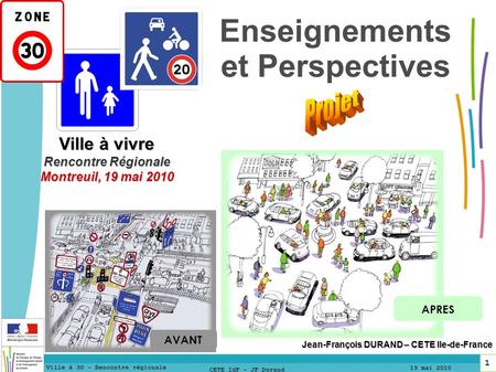 1 1 Ville à 30 – Rencontre régionale 19 mai 2010 1 CETE IdF – JF Durand Enseignements et Perspectives Jean-François DURAND – CETE Ile-de-France APRES AVANT.