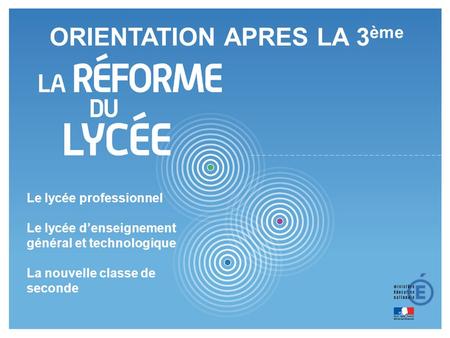 1 Le lycée professionnel Le lycée denseignement général et technologique La nouvelle classe de seconde ORIENTATION APRES LA 3 ème.