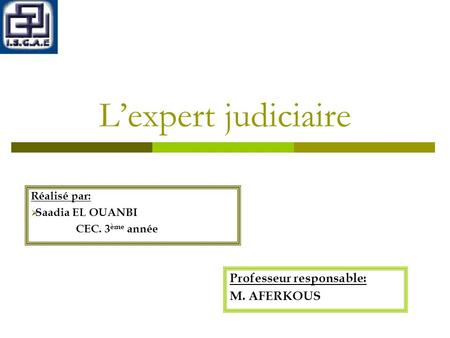 L’expert judiciaire Professeur responsable: M. AFERKOUS Réalisé par: