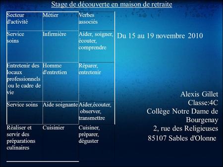 Stage de découverte en maison de retraite Alexis Gillet Classe:4C Collège Notre Dame de Bourgenay 2, rue des Religieuses 85107 Sables d'Olonne Secteur.