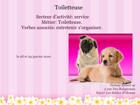Toiletteuse le 28 et 29 janvier 2010 Océane habert 4c 2.rue Des Religieuses 85107 Les Sables d'Olonne Secteur d'activité: service Métier: Toiletteuse.
