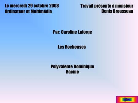 Le mercredi 29 octobre 2003 Ordinateur et Multimédia Travail présenté à monsieur Denis Brousseau Les Rocheuses Par: Caroline Laforge Polyvalente Dominique.