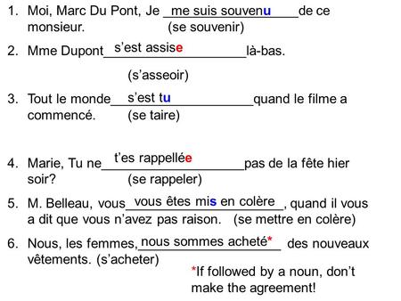 1.Moi, Marc Du Pont, Je __________________de ce monsieur. (se souvenir) 2.Mme Dupont___________________là-bas. (sasseoir) 3.Tout le monde___________________quand.