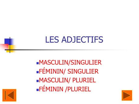 LES ADJECTIFS MASCULIN/SINGULIER FÉMININ/ SINGULIER MASCULIN/ PLURIEL
