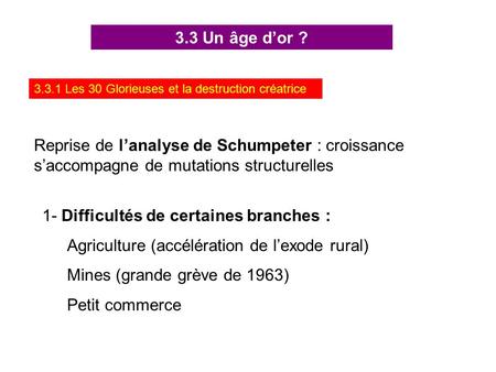 3.3 Un âge dor ? 3.3.1 Les 30 Glorieuses et la destruction créatrice Reprise de lanalyse de Schumpeter : croissance saccompagne de mutations structurelles.