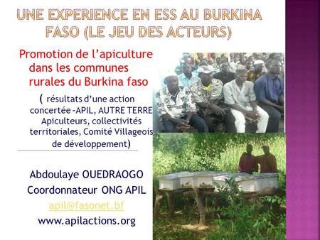 Promotion de lapiculture dans les communes rurales du Burkina faso ( résultats dune action concertée –APIL, AUTRE TERRE Apiculteurs, collectivités territoriales,