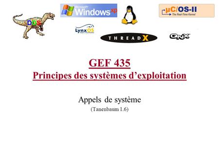 GEF 435 Principes des systèmes dexploitation Appels de système (Tanenbaum 1.6)