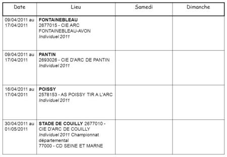 09/04/2011 au 17/04/2011 FONTAINEBLEAU 2677015 - CIE ARC FONTAINEBLEAU-AVON Individuel 2011 09/04/2011 au 17/04/2011 PANTIN 2693026 - CIE D'ARC DE PANTIN.