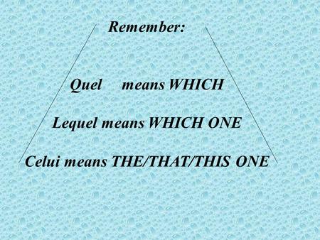 Remember: Quel means WHICH Lequel means WHICH ONE Celui means THE/THAT/THIS ONE.