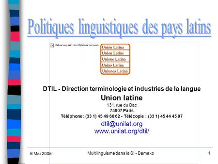 6 Mai 2005 Multilinguisme dans la SI - Bamako1 DTIL - Direction terminologie et industries de la langue Union latine 131, rue du Bac 75007 Paris Téléphone.