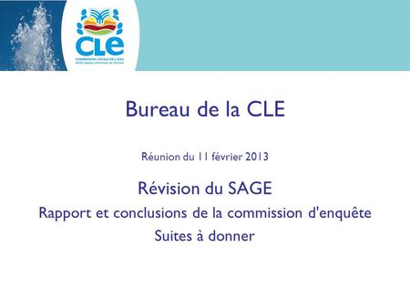 Bureau de la CLE Réunion du 11 février 2013 Révision du SAGE Rapport et conclusions de la commission d'enquête Suites à donner.