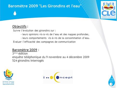 1 Baromètre 2009 Les Girondins et l'eau Objectifs : Suivre lévolution des girondins sur : - leurs opinions vis-à-vis de leau et des nappes profondes,