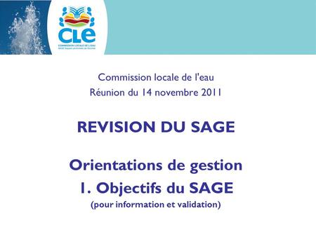 Commission locale de l'eau Réunion du 14 novembre 2011 REVISION DU SAGE Orientations de gestion 1. Objectifs du SAGE (pour information et validation)