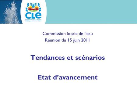 Commission locale de l'eau Réunion du 15 juin 2011 Tendances et scénarios Etat davancement.