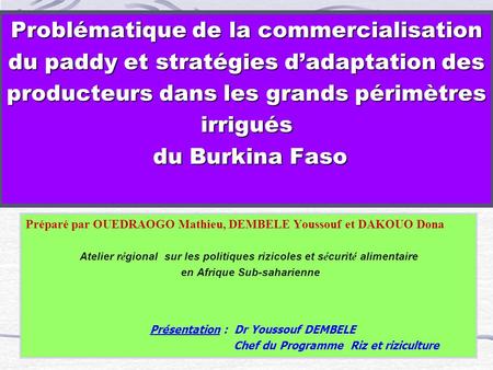 Problématique de la commercialisation du paddy et stratégies d’adaptation des producteurs dans les grands périmètres irrigués du Burkina Faso Préparé.