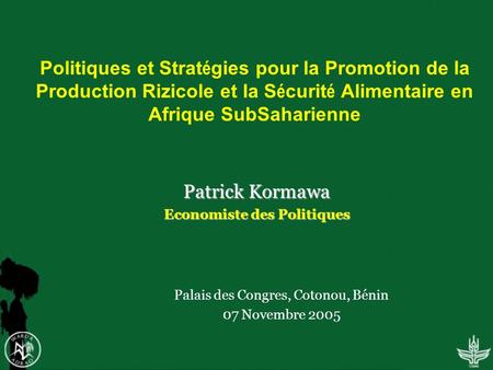 Politiques et Strat é gies pour la Promotion de la Production Rizicole et la S é curit é Alimentaire en Afrique SubSaharienne Patrick Kormawa Economiste.
