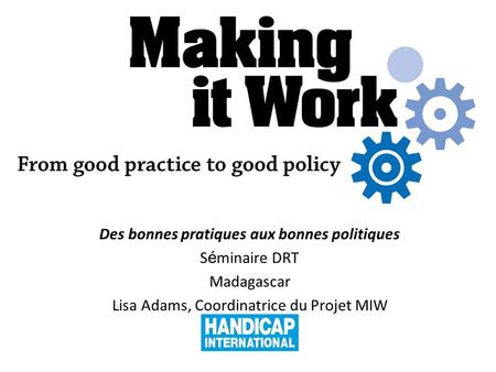 Making it Work From Good Practice to Good Policy Des bonnes pratiques aux bonnes politiques S é minaire DRT Madagascar Lisa Adams, Coordinatrice du Projet.