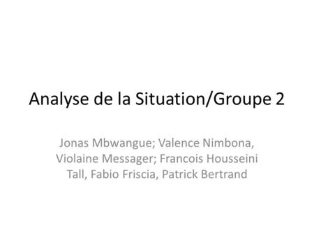 Analyse de la Situation/Groupe 2 Jonas Mbwangue; Valence Nimbona, Violaine Messager; Francois Housseini Tall, Fabio Friscia, Patrick Bertrand.