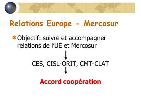 Relations Europe - Mercosur Objectif: suivre et accompagner relations de lUE et Mercosur CES, CISL-ORIT, CMT-CLAT Accord coopération.