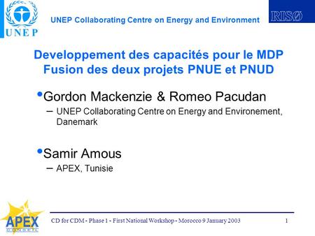 UNEP Collaborating Centre on Energy and Environment CD for CDM - Phase 1 - First National Workshop - Morocco 9 January 20031 Developpement des capacités.