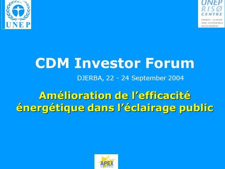 Amélioration de lefficacité énergétique dans léclairage public CDM Investor Forum DJERBA, 22 - 24 September 2004.