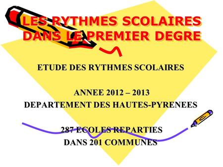 LES RYTHMES SCOLAIRES DANS LE PREMIER DEGRE ETUDE DES RYTHMES SCOLAIRES ANNEE 2012 – 2013 ANNEE 2012 – 2013 DEPARTEMENT DES HAUTES-PYRENEES 287 ECOLES.