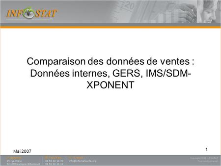 Comparaison des données de ventes : Données internes, GERS, IMS/SDM-XPONENT Mai 2007.