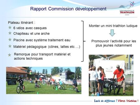 Rapport Commission développement Plateau itinérant : 6 vélos avec casques Chapiteau et une arche Piscine avec système traitement eau Matériel pédagogique.