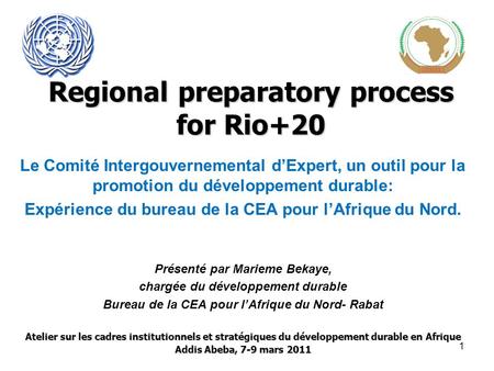 Regional preparatory process for Rio+20 Le Comité Intergouvernemental dExpert, un outil pour la promotion du développement durable: Expérience du bureau.