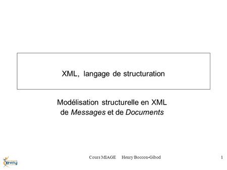 Cours MIAGE Henry Boccon-Gibod1 XML, langage de structuration Modélisation structurelle en XML de Messages et de Documents.