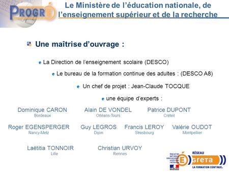 Le Ministère de léducation nationale, de lenseignement supérieur et de la recherche Une maîtrise douvrage : Un chef de projet : Jean-Claude TOCQUE La.