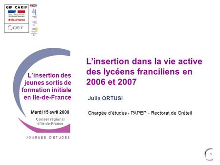 J O U R N E E D E T U D E S 1 1 Mardi 15 avril 2008 Conseil régional dIle-de-France Linsertion dans la vie active des lycéens franciliens en 2006 et 2007.