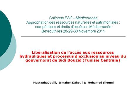 Coloque Colloque ESG - Méditerranée Appropriation des ressources naturelles et patrimoniales : compétitions et droits d’accès en Méditerranée Beyrouth.
