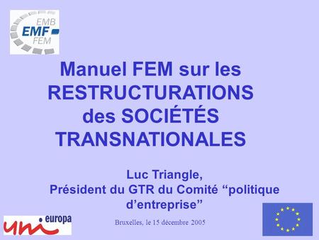 1 Luc Triangle, Président du GTR du Comité politique dentreprise Manuel FEM sur les RESTRUCTURATIONS des SOCIÉTÉS TRANSNATIONALES Bruxelles, le 15 décembre.