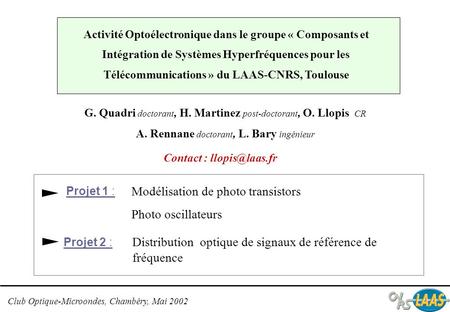 Contact : llopis@laas.fr Activité Optoélectronique dans le groupe « Composants et Intégration de Systèmes Hyperfréquences pour les Télécommunications »