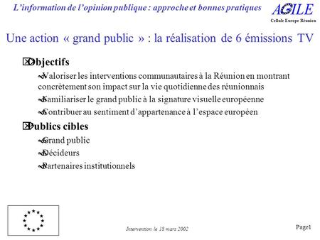 Intervention le 18 mars 2002 Linformation de lopinion publique : approche et bonnes pratiques Cellule Europe Réunion Page1 Une action « grand public »